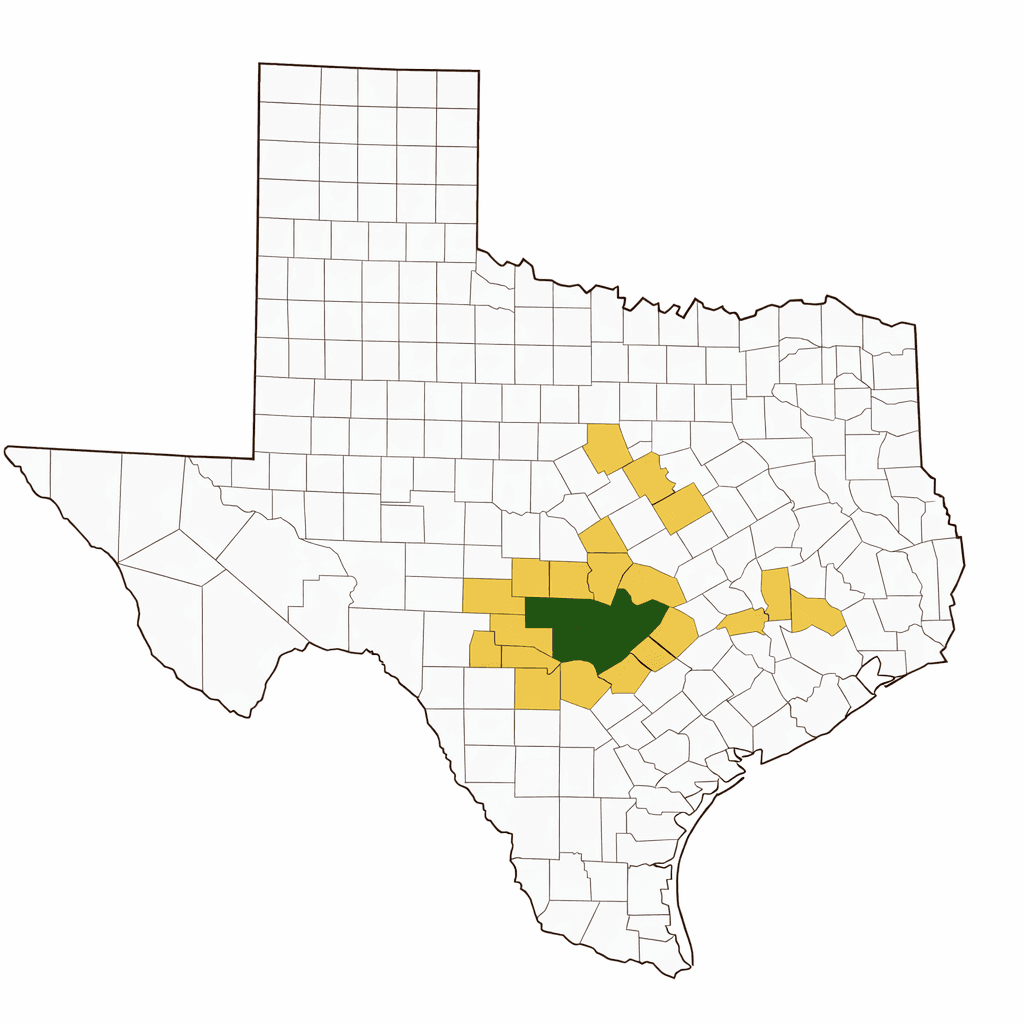 Map of Texas counties serviced by FieldFile